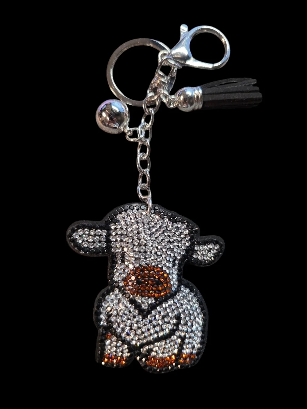 Silver and Brown Rhinestone Baby Cow Bag Charm Keychain